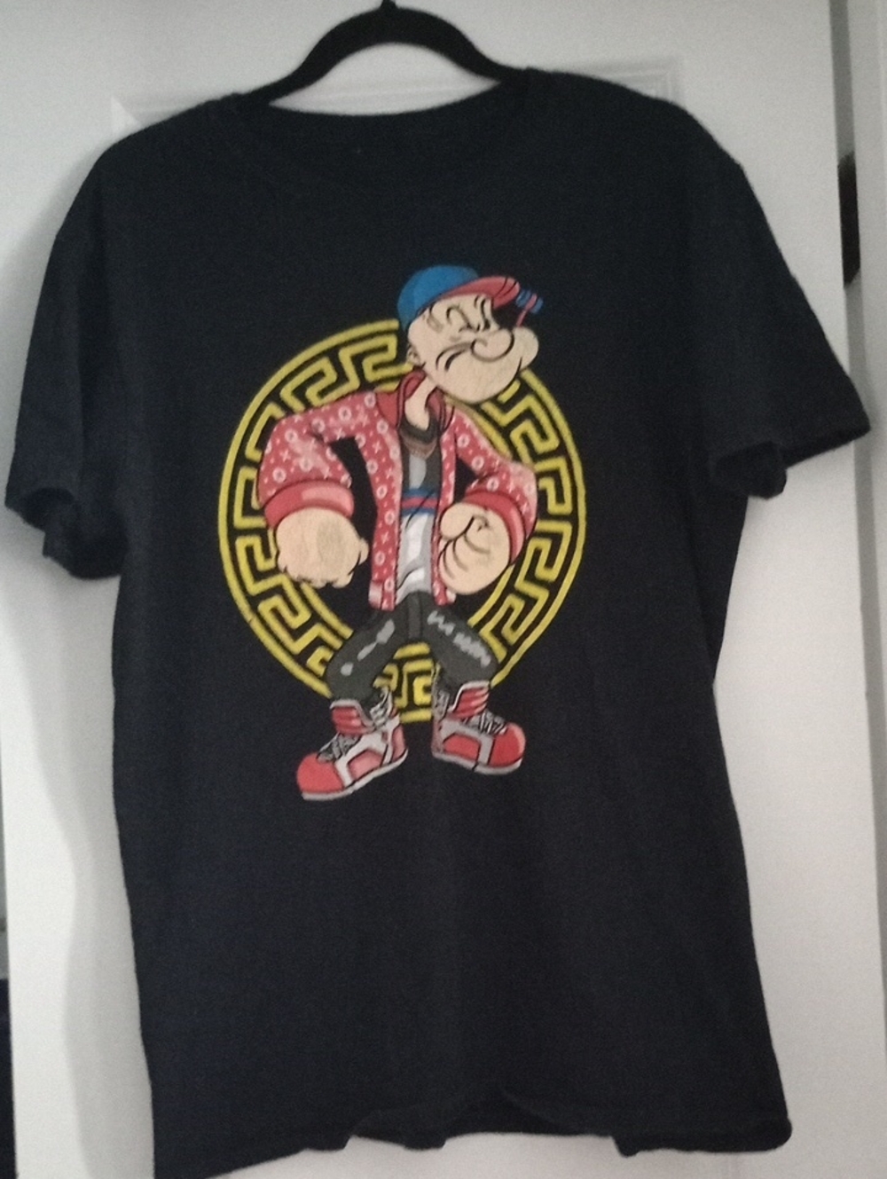 Vintage Popeyes Graphic Short Sleeve Tee with Red Cartoon Character Size L